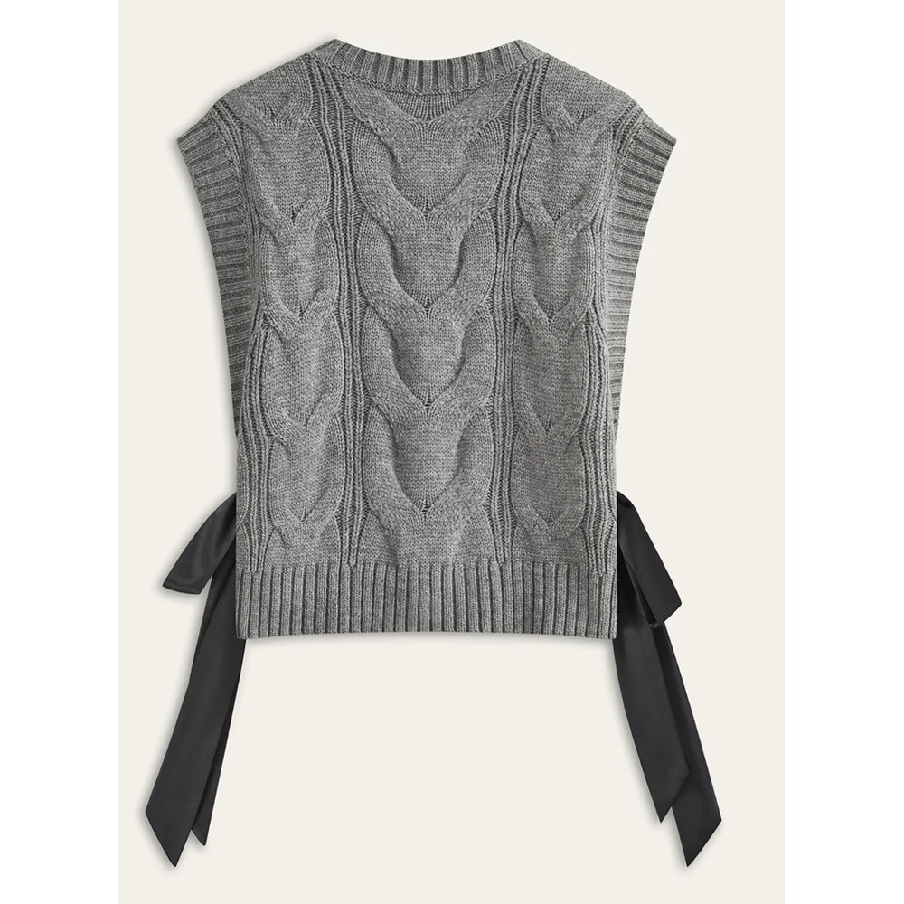 NEW Commense Dual-Sides Bow Cable-Knit Sweater Vest Women L Gray Preppy